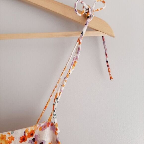 H&M 100% Linen Tie-Shoulder Floral Crop Fitted Camisole Top Smocked Back Sz XS - Picture 6 of 14